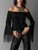 Top vintage europeu e americano com franjas para mulheres, nova camiseta de camurça de um ombro com manga sino estilo western, ombro a ombro