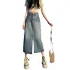 Saia Jeans de cintura alta com fenda feminina design de outono solta moderna modeladora comprimento médio saia de quadril linha A