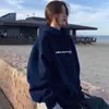 Sudadera Sencilla Estilo Coreano con Estampado de Letras Holgada Casual Versátil Top Azul Marino Estilo Perezoso Otoño e Invierno Sudadera con Capucha