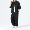 Traje Casual Deportivo de Algodón y Lino para Hombre Estilo Chino Verano 2026, Absorbente de Sudor y Transpirable, Estilo Japonés, Talla Grande, Conjunto Holgado de Dos Piezas
