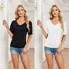 Bestseller transfronteiriço: Camiseta feminina fina de manga curta com decote V, confortável, solta, modeladora, estilo casual e descontraído