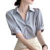 Moda Profissional Elegante Estilo Coreano Camisa de Chiffon para Mulheres 2026 Verão Novo Estilo Manga Curta Solta Casual Plissado Gola Meio Aberta Top