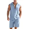 Coleção de verão em linho masculina estilo europeu transfronteiriça: conjunto de cardigã com capuz e botões e shorts, item mais vendido, em estoque