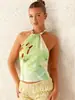 Moda Europeia e Americana 2025 Sexy Estilo Férias Top Regata Elegante Sem Costas com Alças Estampado Floral com Miçangas