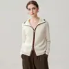 Cárdigan de cachemira de doble hilo engrosado para mujer con cuello alto medio y diseño de color contrastante, chaqueta con cremallera, nuevo estilo otoño/invierno, mangas largas amigables con la piel