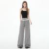 Pantalones Casuales de Cuadros con Cintura de Encaje Negro para Mujer, Diseño de Verano, Pierna Ancha Recta Holgada y Pantalones Largos