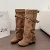 Botas altas de puntera redonda con hebilla de cinturón retro para mujer, nuevo estilo 2026, pierna ancha, tacón de plataforma, súper modernas, hasta la rodilla, botas de montar