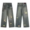 Jeans Rasgado Irregular da Moda para Homens e Mulheres, Calça Reta Lavada Nostálgica Retrô, Moda Versátil Estilo Americano