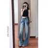 Jeans retro desgastados azul oscuro adelgazantes de cintura alta de pierna ancha para mujer, nuevos pantalones rectos de pierna ancha con caída suelta para primavera y otoño, de largo hasta el suelo
