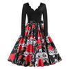 Roupas Femininas de Halloween Fabricante de Comércio Exterior Transfronteiriço Fonte de Suprimento: Vestido Ondulado com Decote em V e Mangas Longas, com Color-Blocking e Saia Grande Plissada Estampada