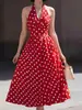 Vestido Retro Americano de Cuello Halter con Lunares, Espalda Descubierta, Cintura Ceñida y Falda de Línea A Acampanada, Estilo Verano, Adelgazante, Adecuado para Vacaciones en la Costa