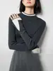 Tricô Falso Duas Peças Cor Contrastante Gola Alta Meia Manga para Mulheres Outono e Inverno 2025 Camisa Base Top