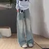 Jeans Anchos de Color Claro Estilo High Street Americano para Mujer en Verano, Diseño Delgado, Holgados, Estilo Perezoso, Pantalones Rectos con Caída