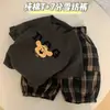 Conjunto de Verão de Algodão Puro de Manga Curta, Novo Estilo de Verão para Meninas e Bebês, Roupa Fina, Conjunto de Duas Peças com Camiseta e Calça Cropped