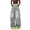 Pantalones vaqueros bordados de dibujos animados retro americanos para hombre y mujer, 26 nuevos estilos de primavera y otoño, pantalones anchos holgados lavados con bordados curvos