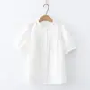 Camisa de Manga Curta Fresca Estilo Japonês Soft Girl Retro Mori Girl para Mulheres com Design Único, Mangas Bufantes Plissadas, Top 100% Algodão