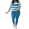 D9698 Moda Feminina Europeia e Americana Mais Vendida na Amazon Elegante Listrado Posicionamento Estampado Gola Redonda Manga Longa Conjunto de Calça
