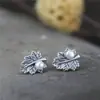 Brincos Femininos de Prata S925 com Pérola de Água Doce Incrustada, Brincos Vintage de Prata Tailandesa Folha de Bordo, Estilo Étnico