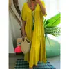 Vestido de Verão 2025 Novo Feminino Cor Sólida Solto Decote V Manga Curta Transfronteiriço Europeu e Americano