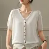 Estilo Minimalista Francês Gola V Tricô de Seda Gelada Cardigã Camiseta de Manga Curta Feminina Verão Design Fino Abotoado Confortável Respirável Top
