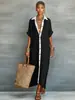 2026 Nueva Ropa Europea y Americana para Mujer Amazon Bloques de Color Holgada de Algodón y Lino Vestido Camisa Largo Vestido Casual de Moda para Mujer