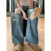 Jeans azules rasgados de estilo retro americano para mujer, nuevos pantalones rectos holgados de cintura alta para tallas grandes, adelgazantes, con un diseño único