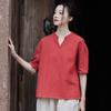 Roupas Femininas de Algodão e Linho 26 Verão Artístico Decote V Fino Frente Curta Costas Longas Casual Fluido Top Camisa Camiseta Feminina de Manga Curta de Algodão e Linho