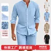 Conjunto de Dos Piezas de Verano para Hombre de Amazon Transfronterizo: Camisa de Lino con Botones, Shorts de Manga Larga, Cárdigan, Atuendo Casual de Playa