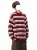 Suéter redondo listrado em blocos de cor estilo americano, malha casual pulôver para outono e inverno, jaqueta de marca moderna, unissex