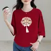 Comercio exterior transfronterizo ropa de mujer para madres, mujeres de mediana edad y mayores, camiseta de manga tres cuartos, estilo chino nuevo, adelgazante, top con diseño simple estampado