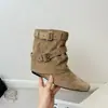 Botas de Caballero Retro Francesas para Mujer Otoño Nuevo Estilo Aumento Interno de Altura Suela Suave Botines Western con Tacón Grueso Botas para Pantalones Superficie de Gamuza y Felpa
