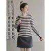 Camiseta de Manga Larga a Rayas Retro Color-Block para Mujer, Nueva Camisa Básica de Otoño Ajustada con Cuello Redondo