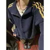 Sudadera cárdigan a rayas azul marino para hombre, atuendo ootd de pareja, marca trendy americana, chaqueta casual retro con cuello mao con cremallera