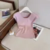Camiseta de punto elegante estilo coreano con cuello en U y cuentas, manga corta, para mujer, prenda exterior de verano, adelgazante, versátil, chic, hermosa para mujer