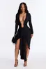 Vestido de malha G25D351 estilo europeu e americano, com decote V profundo vazado, manga longa, para mulheres, com acinturamento, plissado, fenda irregular, comprimento médio
