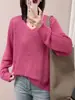 Camiseta Base de Tricô com Decote V Vazado para Mulheres, Manga Longa, Novo Estilo Primavera e Outono 2026, Roupa de Baixo Estilosa, Suéter Pulôver de Cor Sólida