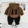 Conjunto de Dos Piezas para Niños de Algodón Sudadera Casual con Capucha y Cremallera de Oso Tridimensional Pantalón Largo Estampado de Moda Directo del Fabricante