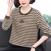 Nova Camiseta Listrada de Manga Longa da Moda de Outono da Mamãe para Mulheres, Camisa Básica Elegante com Strass de Caimento Solto para Meia-Idade e Idosos