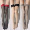 Meias de Seda com Borda Vermelha Tiffany para Mulheres Meias Sexy até o Joelho Meias Longas Sexy com Borda Vermelha Seda Preta Cor Transparente Colorblock
