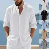 Camisa casual suelta de lino estilo americano para cuatro estaciones, transpirable, agradable a la piel, simple, retro, cuello mao, manga larga