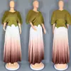 Roupas Femininas Populares Transfronteiriças Europeias e Americanas Plissado Novo Cor Pura Decote V + Top Saia Longa Gradiente Meio Comprimento Duas Peças 0003