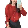 Cardigan de Punto Versátil Estilo Coreano Otoño e Invierno Nuevo Decoración Dulce de Corazón de Fresa Cuello Redondo Estilo Suave Suéter Reductor de Edad para Mujer