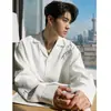 Nova camisa de manga longa waffle bordada com bambu verde estilo chinês para homens, moderna e chique, jaqueta camisa com colarinho cubano branco