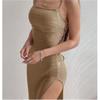 Vestido Sexy de Tirantes con Abertura Alta Transfronterizo Europeo y Americano 2025, Estilo Casual de Vacaciones, Espalda Descubierta Color Puro Canalé Largo