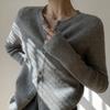 Cárdigan de Lana de Cuello Redondo Nuevo de Otoño e Invierno Abrigo Pequeño para Mujer Ajustado Estilo Coreano Tejido de Punto a Rayas Abrigo Tejido Gris