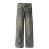 Jeans Velhos Sujos Tingidos Lavados de Perna Reta Masculinos e Femininos 2025 Novo Estilo Americano Retrô Street Soltos de Perna Larga Calças Compridas