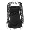 Roupas femininas transfronteiriças europeias e americanas 2026 verão novo sexy decote baixo cintura alta manga de renda costurada elegante vestido de manga longa