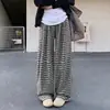 Pantalones casuales de punto a cuadros retro de pierna recta para mujer, primavera y otoño, corte holgado y relajado, de cintura alta, adelgazantes, con caída fluida, de pierna ancha hasta el suelo