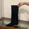 Botas de salto anabela, bico fino, de cano longo para mulheres, coleção outono/inverno 2026, cor damasco, botas de ciclismo justas, comprimento até o meio da panturrilha