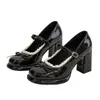Sapatos Mary Jane de couro de salto alto, bico quadrado, de tira única, rasos, para mulheres, da moda com acabamento em renda